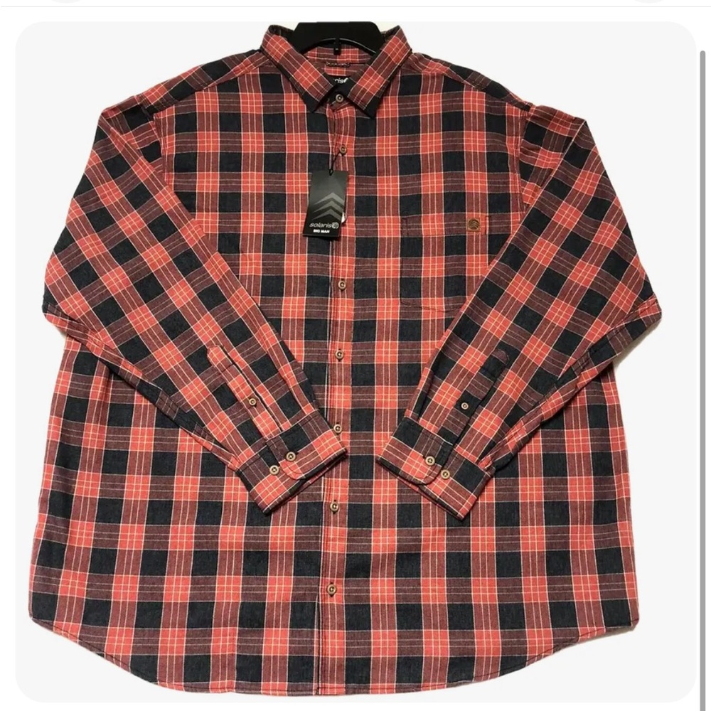 NWT Solaris Men’s Red Black Plaid Soft Cotton Long Sleeve Button Down Shirt